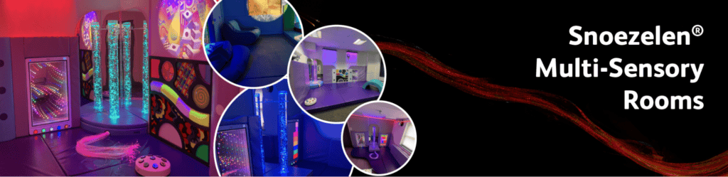 This image displays various Snoezelen® multi-sensory room environments, showcasing vibrant, colourful bubble tubes, interactive sensory panels, and soft seating areas. These rooms are designed to provide relaxing, engaging sensory experiences for individuals, promoting relaxation and enhancing well-being.