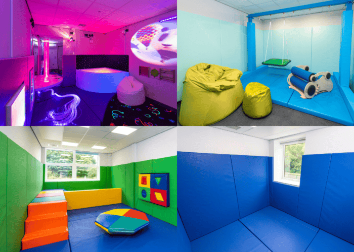 Four sections of a sensory room display diverse setups. The top-left features vibrant pink and purple lighting with fibre optic strands. The top-right offers a swing and bean bags in a calming blue area. The bottom-left showcases colourful padded walls and interactive sensory toys. The bottom-right is a cool-toned blue room, likely for relaxation or sensory processing. Designed for various sensory needs, these spaces create an engaging, therapeutic environment.