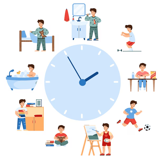 The image shows a young boy's daily routine organised around a large clock set to 2:00, with blue hands on a white background. Surrounding the clock are illustrations of key activities: waking up, brushing teeth, exercising, eating breakfast, attending school, studying, eating lunch, playing soccer, bathing, and reading. Each scene depicts a different part of the boy's day, creating a clear and structured schedule.