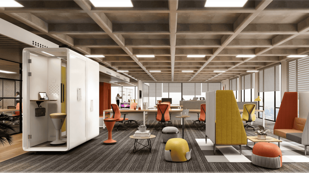 The image shows a modern, sensory-friendly open-plan office with varied seating options, including ergonomic chairs, colourful pods, and a private booth for quiet focus. The ceiling has a grid-like concrete design, and the space features large windows. Vibrant colours like orange, yellow, and grey create a calming yet functional workspace.