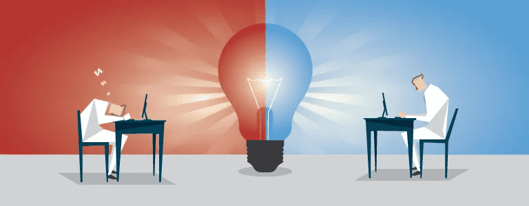 Two individuals sit at desks facing each other, divided by a large light bulb. On the left, with a red background, one person appears exhausted and frustrated, head resting on the desk. On the right, against a blue background, the other person is upright, focused, and engaged. The light bulb shows how different lighting can affect their energy levels or states of mind.