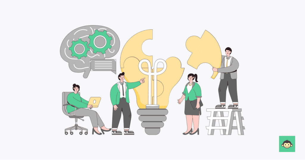 The image shows four individuals in an inclusive working environment, engaging in team-building activities. They are piecing together a puzzle light bulb and there are other elements around them symbolising neurodiversity. Two are standing, one on a ladder, while another sits on a wheeled office chair.