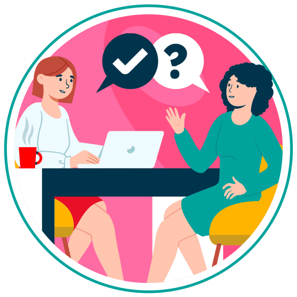 The image illustrates two women conversing in a working environment, indicating employee-client interaction. Enclosed in a circular frame with a pink background, one woman clarifies queries using a laptop, while a cup sits on the desk between them.