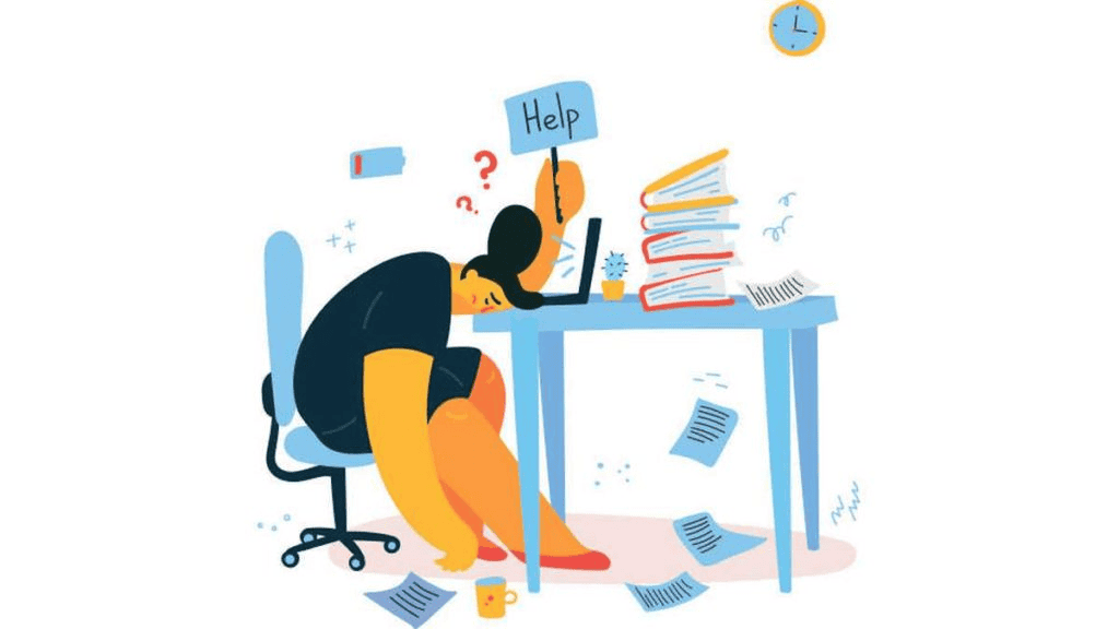 The image is of a woman who is slumped on her work desk which is full of files and documents. She has a low battery symbol above her, symbolising that she is experiencing burnout and is confused. She is raising a signboard with “Help” written on it. 