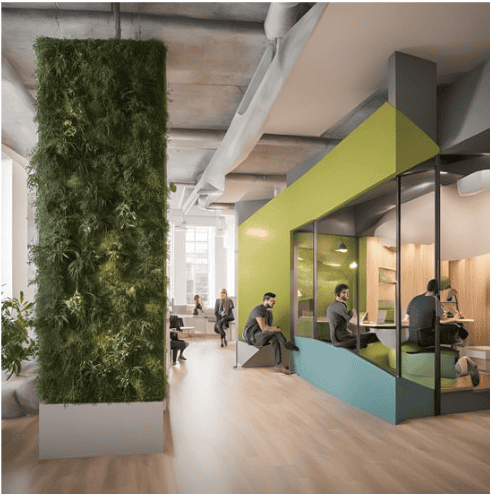 The image shows a neurodiverse-friendly workplace with a calming green wall, light wood flooring, and plenty of natural light. A semi-enclosed seating area offers a quiet, low-stimulation environment for focus. The modular furniture supports flexibility, allowing employees to adjust their workspace to their sensory needs, creating a soothing and inclusive atmosphere.