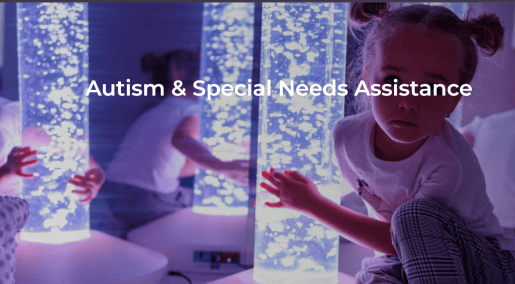 The image shows a girl looking ahead, wearing a white top and checkered pants while holding onto a glowing bubble tube on her left side, with both hands. The phrase “Autism & Special Needs Assistance” is prominently displayed at the top centre, obscuring her eyes. The background setting seems calming and relaxing, with soft lighting.